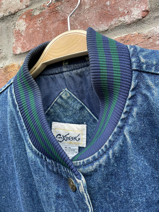 vintage 90s streetworn two-tone denim bomber jacket