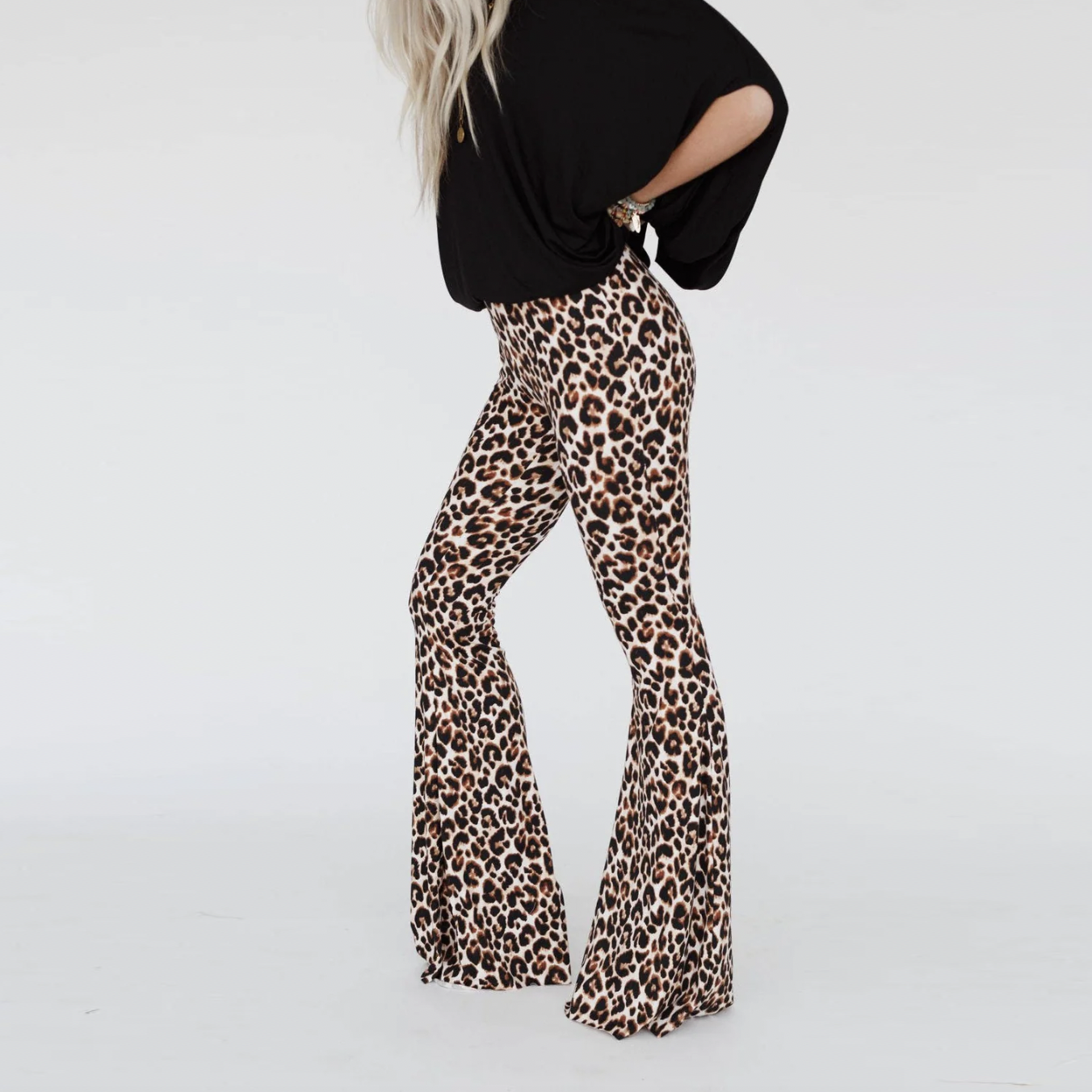 three bird nest leopard bell bottom pants