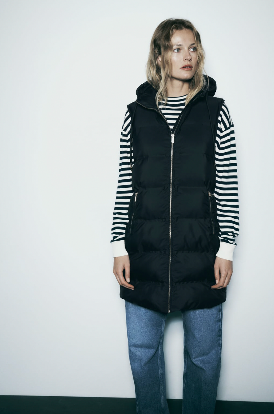 zara hooded long puffer vest