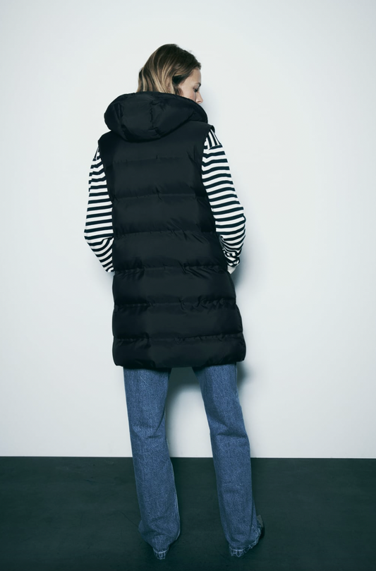 zara hooded long puffer vest