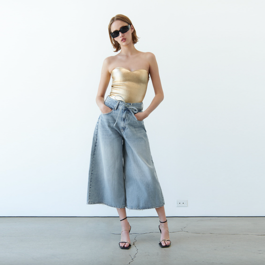 zara high tie waist denim culotte