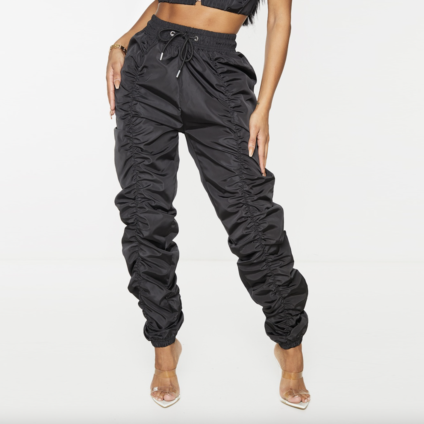 nwt prettylittlething shape black ruched track pant