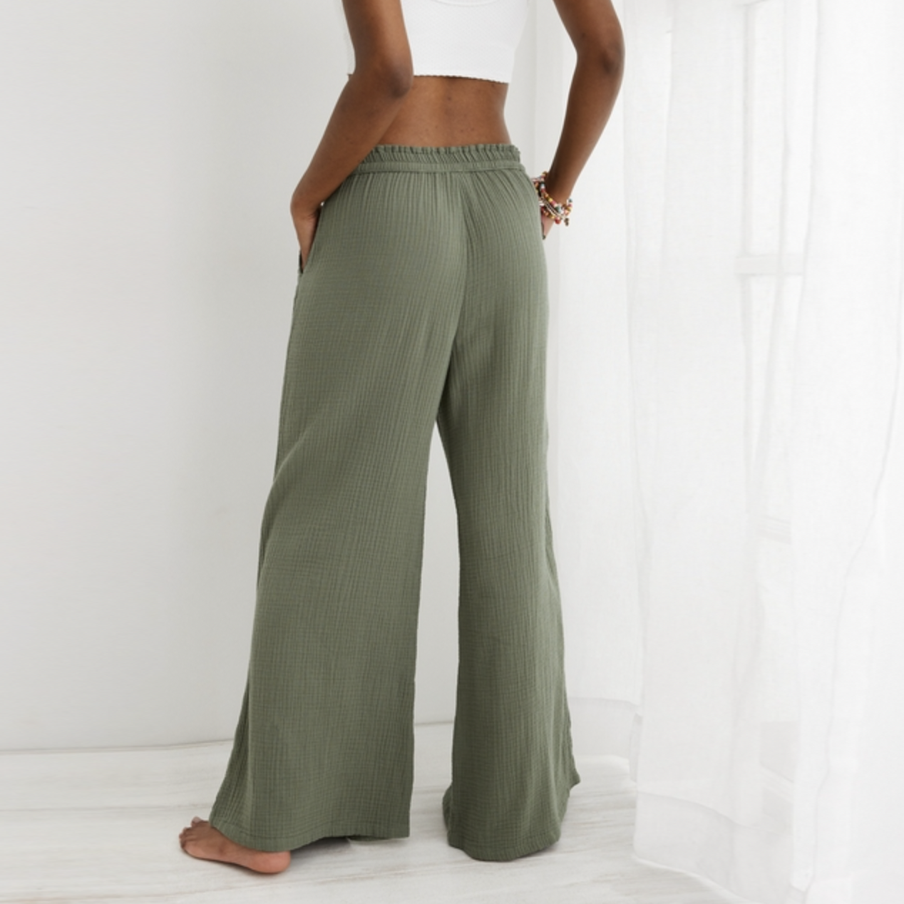 aerie pool to party gauze cotton wide leg pants