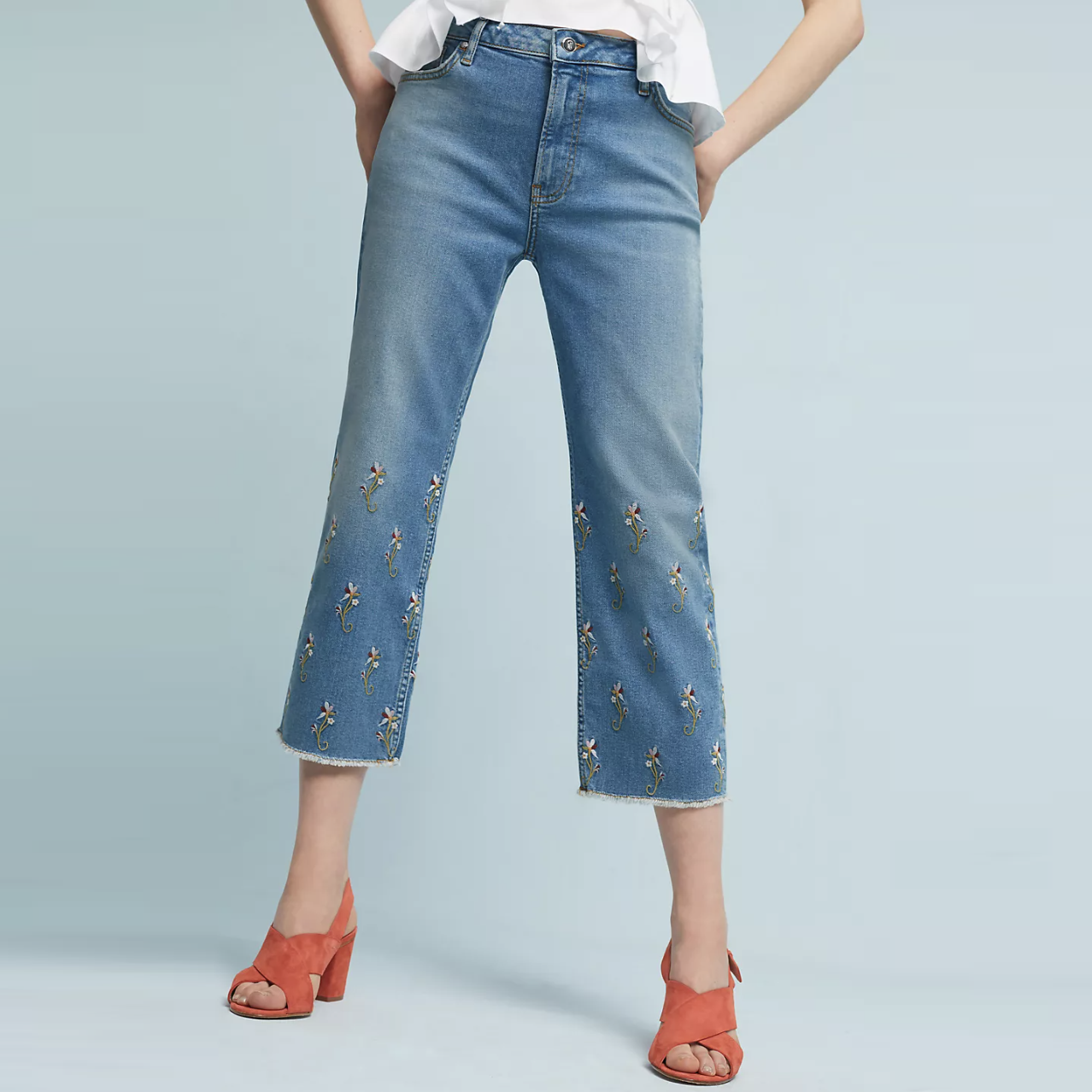 pilcro flower embroidered high rise straight jean