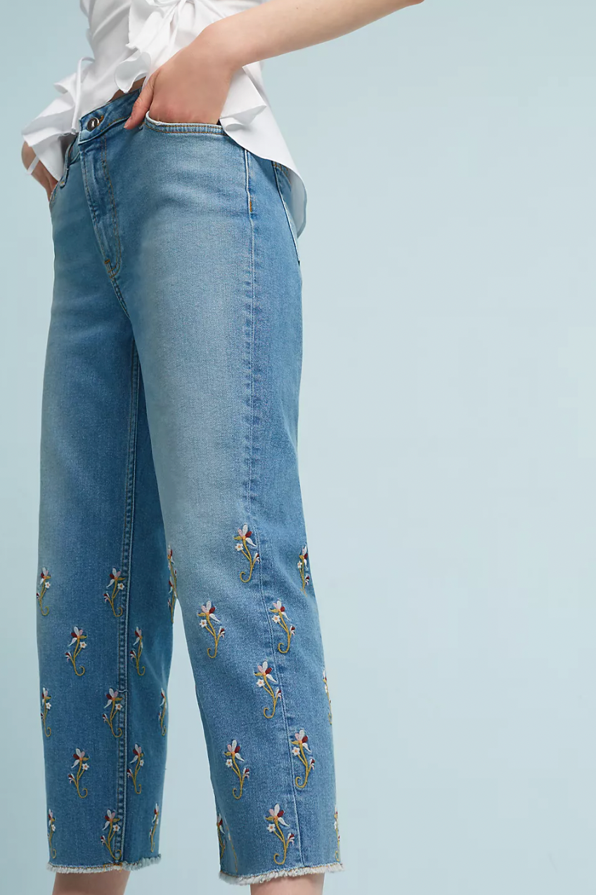 pilcro flower embroidered high rise straight jean