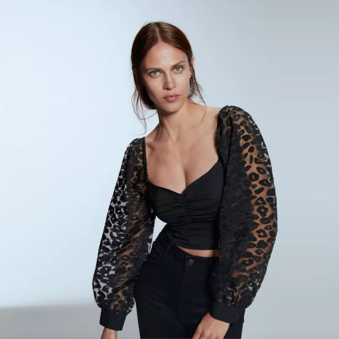 zara organza animal print puff sleeve top