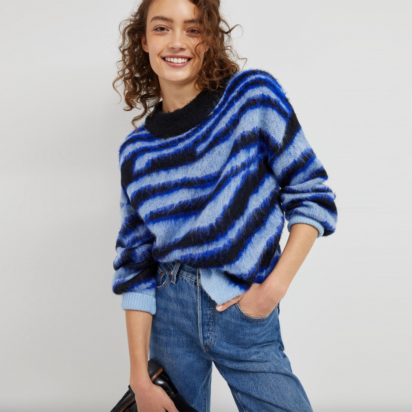 anthropologie salma striped fuzzy knit crew