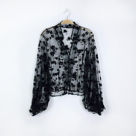 sheer black velvet flocked floral organza balloon sleeve blouse - size medium