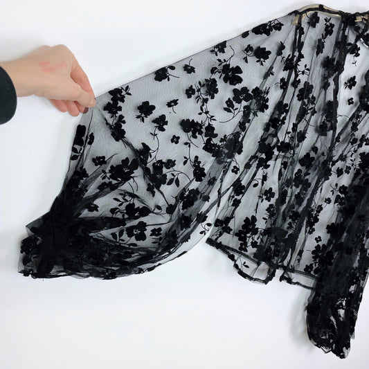 sheer black velvet flocked floral organza balloon sleeve blouse - size medium