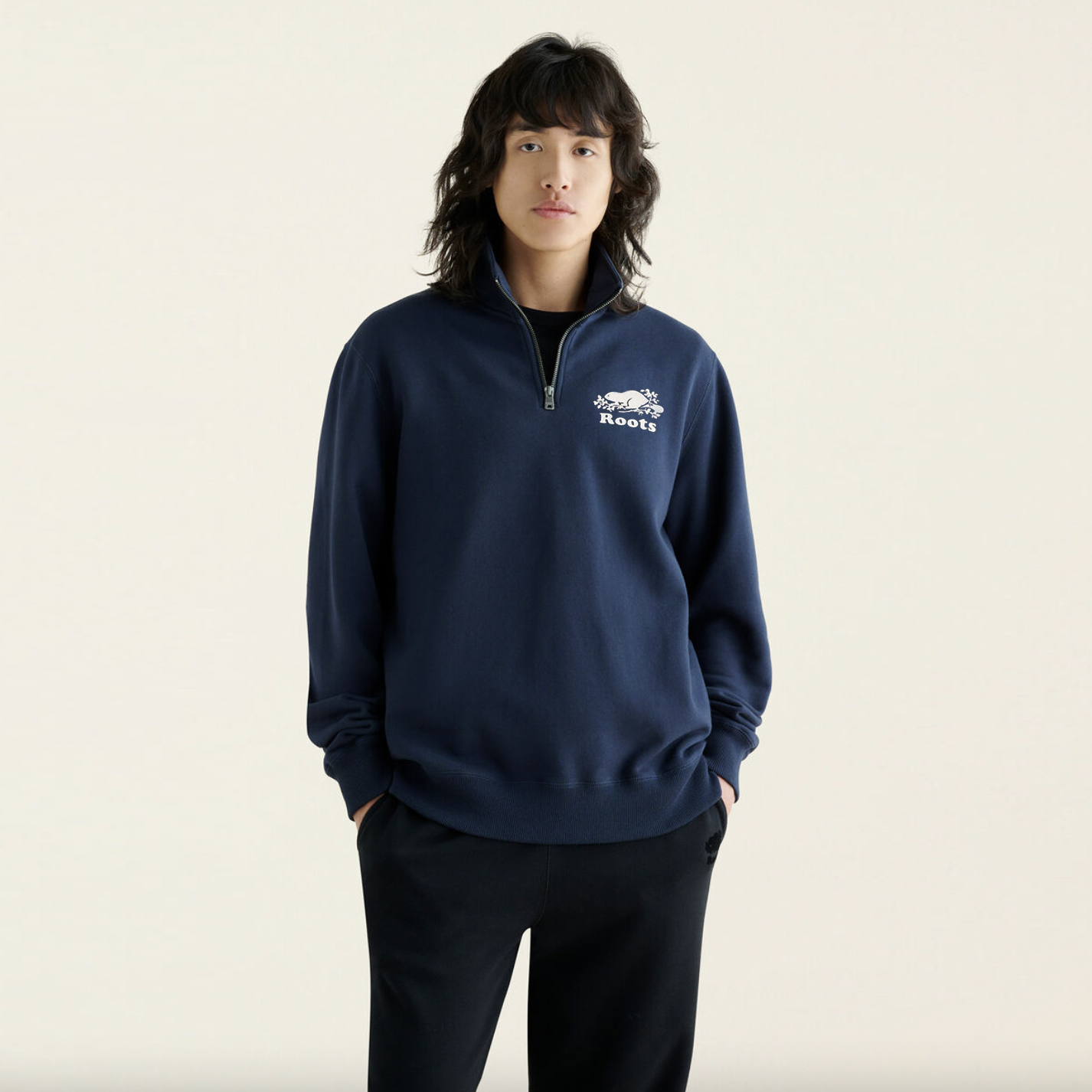 roots navy 1/4 zip sweatshirt