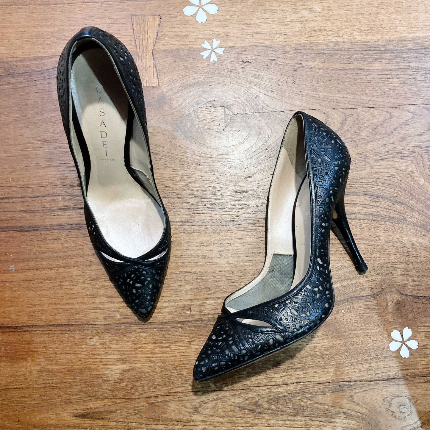 casadei black mesh pointed toe pump - size 8