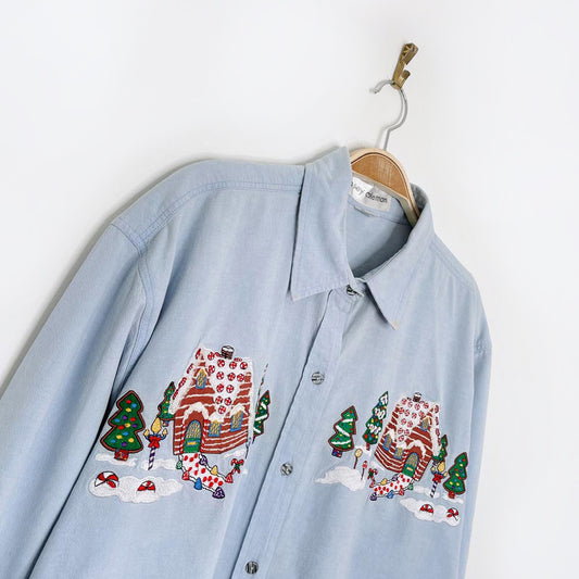 vintage casey coleman embroidered gingerbread house shirt