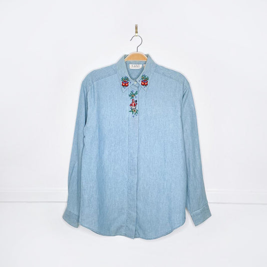 vintage 90s tabi embroidered mittens collar denim shirt