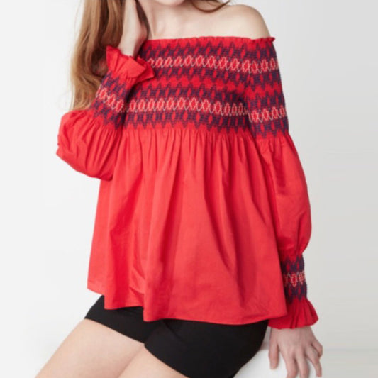 maje elle smocked off shoulder blouse