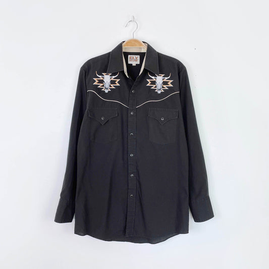 vintage 90s ely cattleman skull western shirt