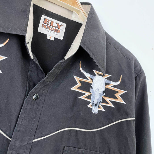 vintage 90s ely cattleman skull western shirt