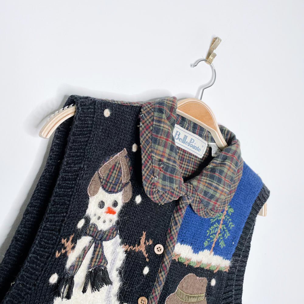 vintage 90s belle point knit snowman flannel vest