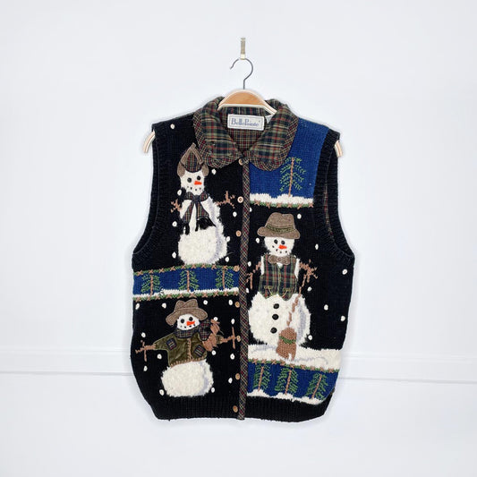 vintage 90s belle point knit snowman flannel vest