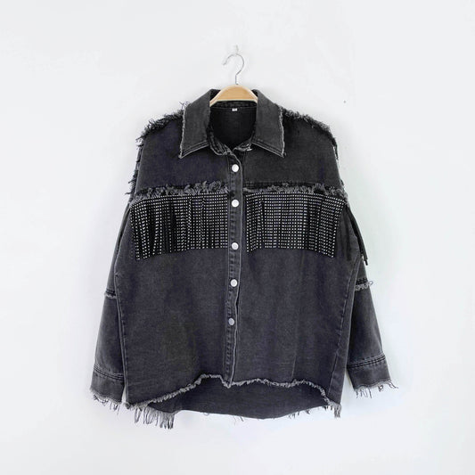 studded fringe oversized western denim jacket