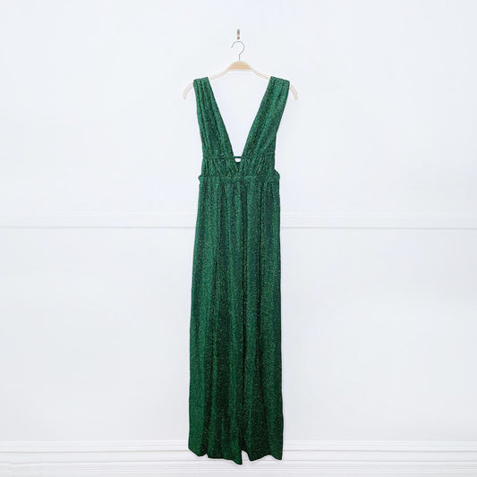 ruched goddess peekaboo high slit green glitter gown