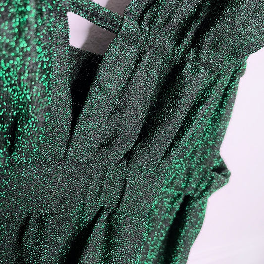 ruched goddess peekaboo high slit green glitter gown