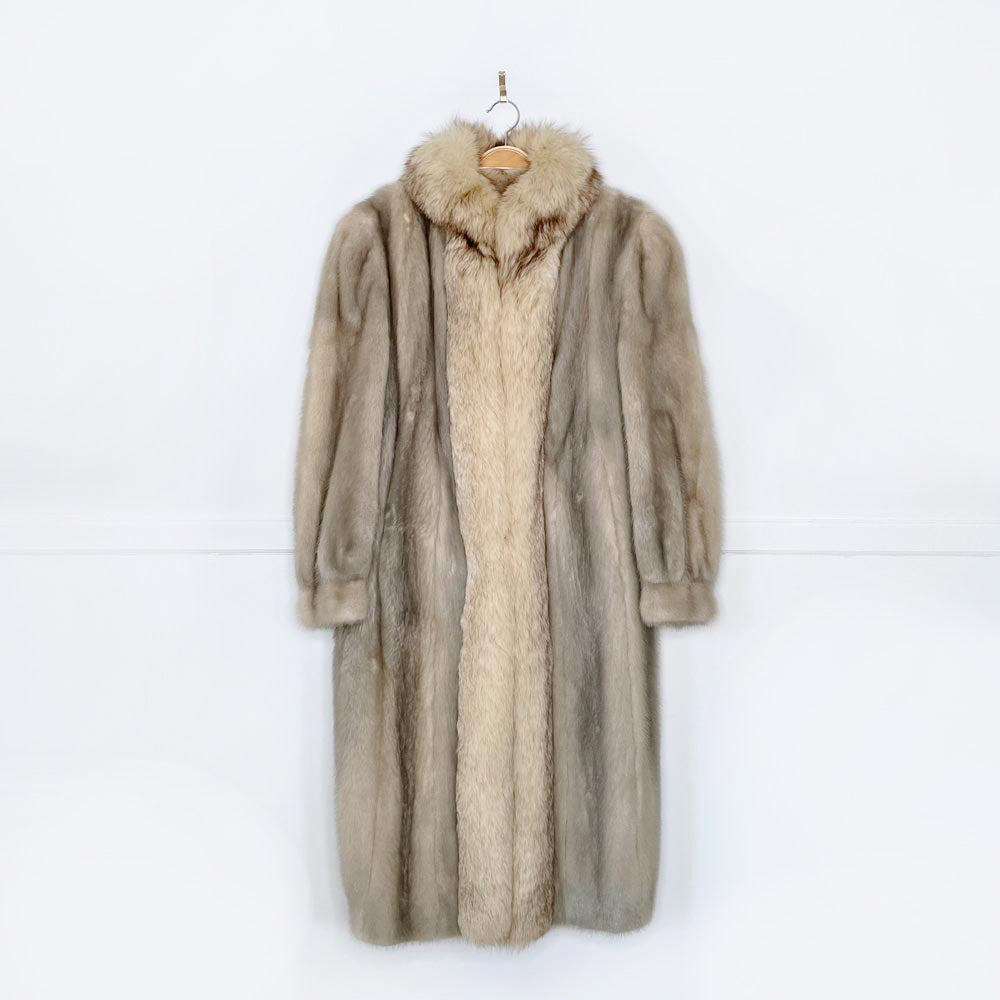 vintage grey mink long coat with fox full fur trim