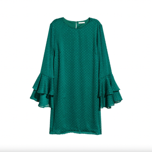 nwt h&m green flounce ruffle sleeve chiffon holiday dress - size 10