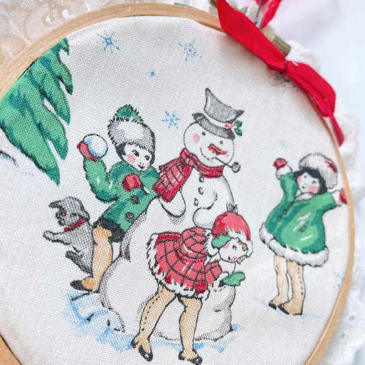 vintage snowman scene hoop wall decor