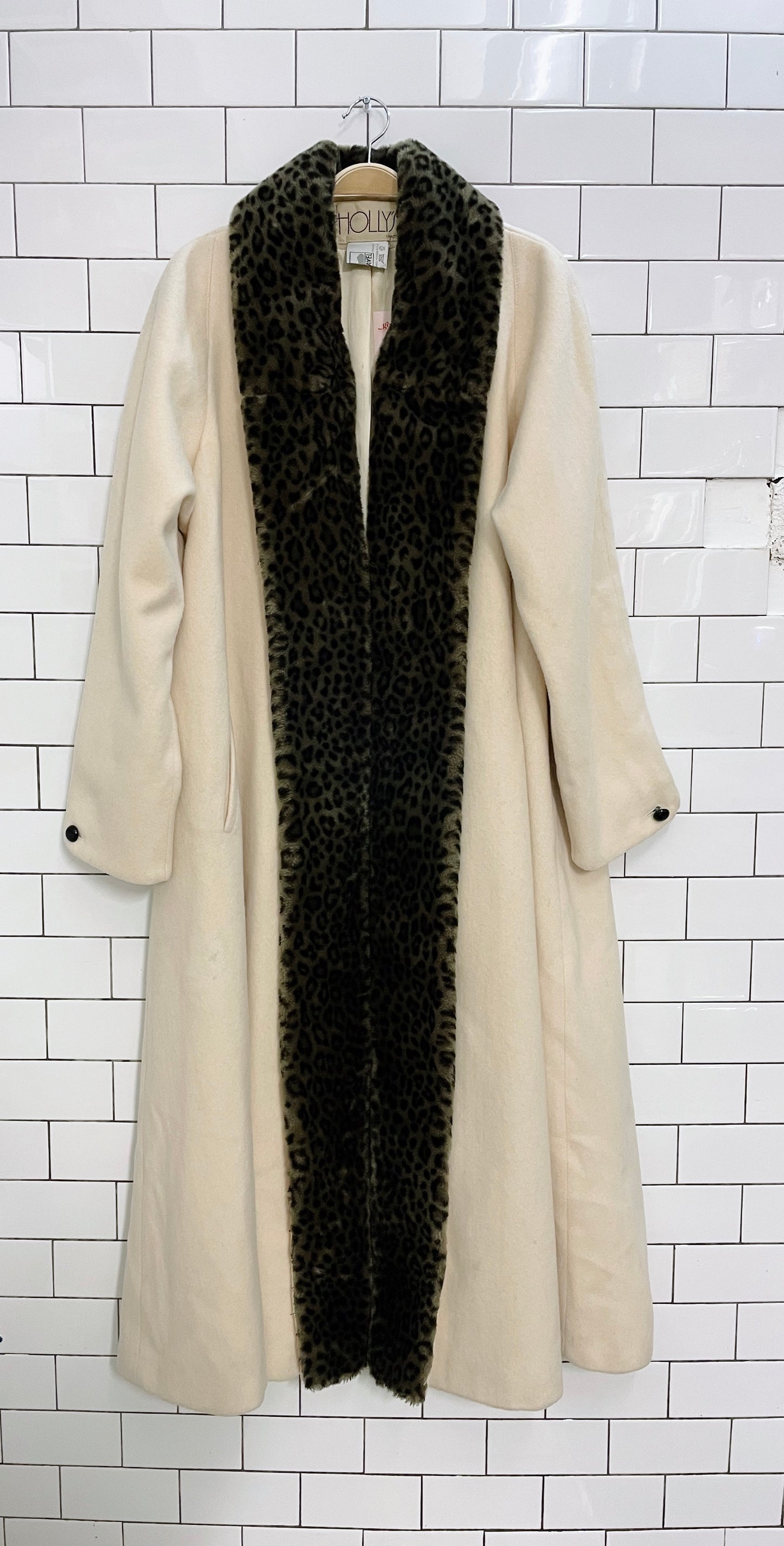 vintage holly's faux leopard fur trim cream maxi coat