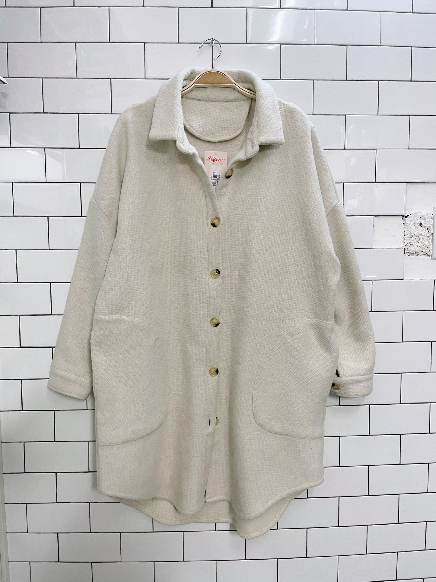 neutral recycled poly long shirt jacket