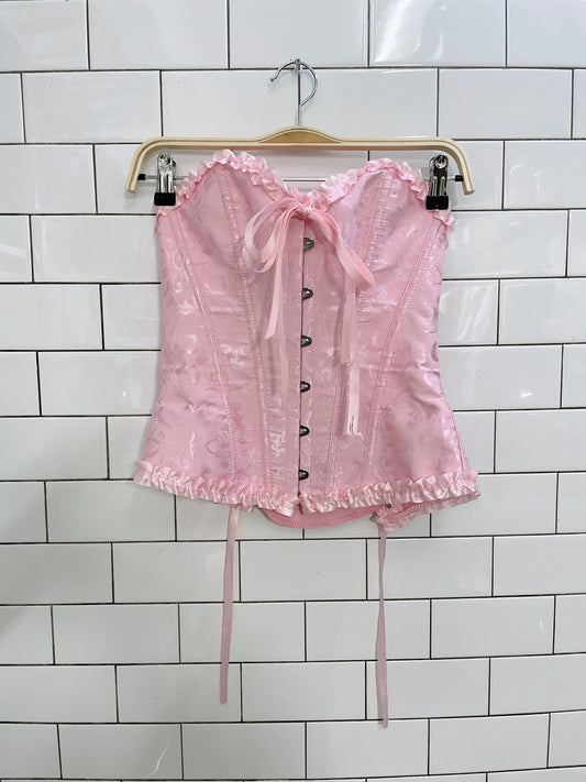 pink satin ruffle trim lace up corset