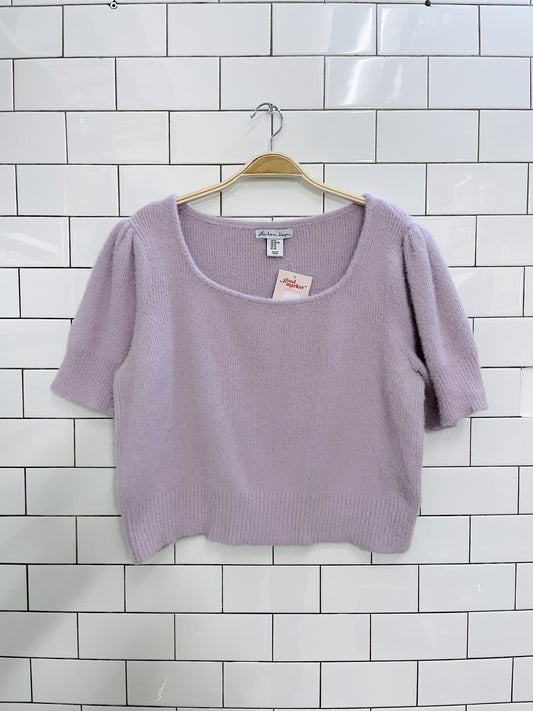 london kaye fuzzy short puff sleeve knit top