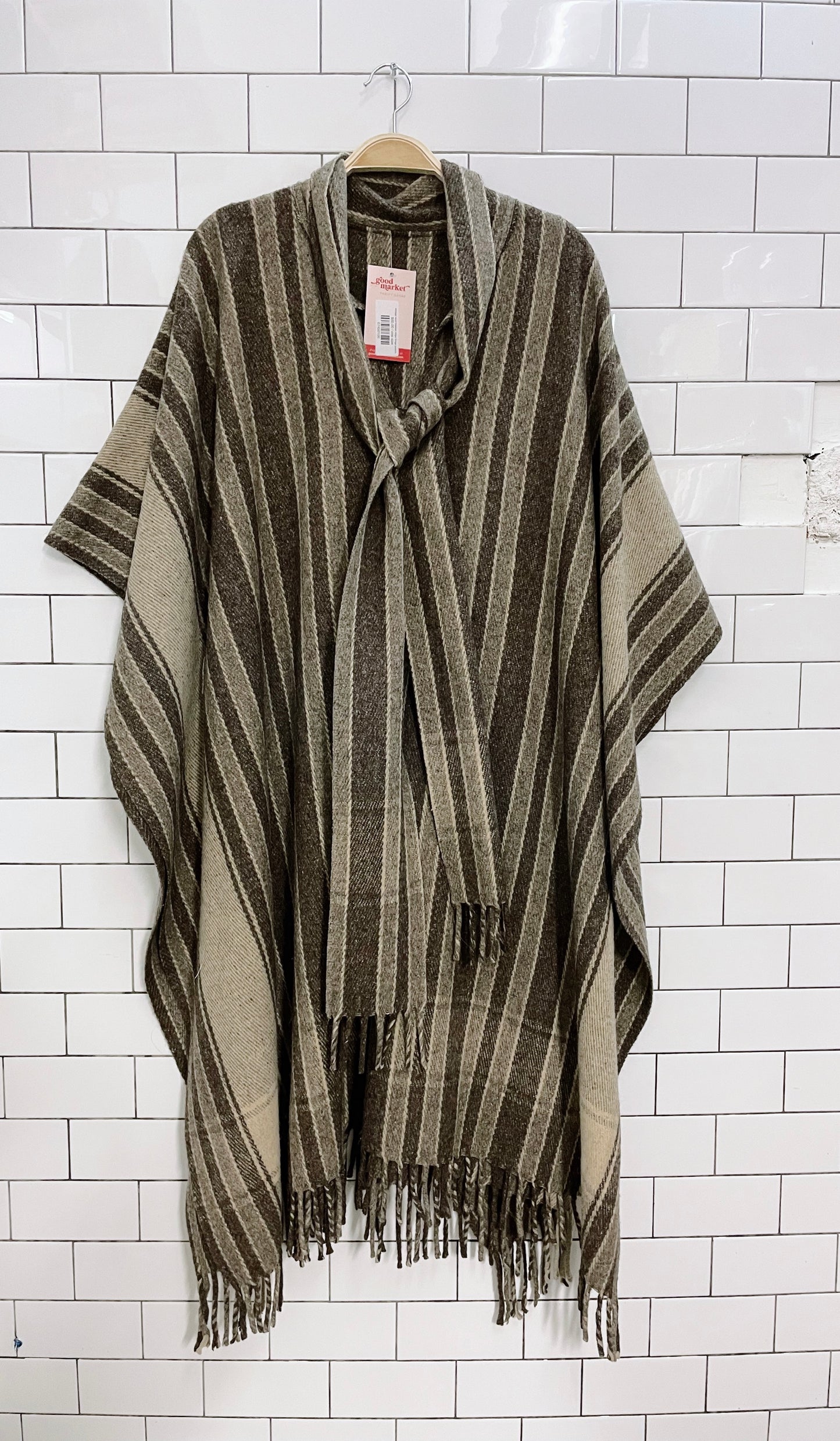 vintage wool blanket stripe fringe poncho