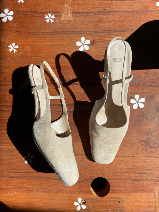 y2k coach suede slingback square toe pumps