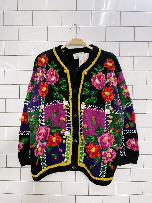 vintage handknit jennifer reed flower garden cardi