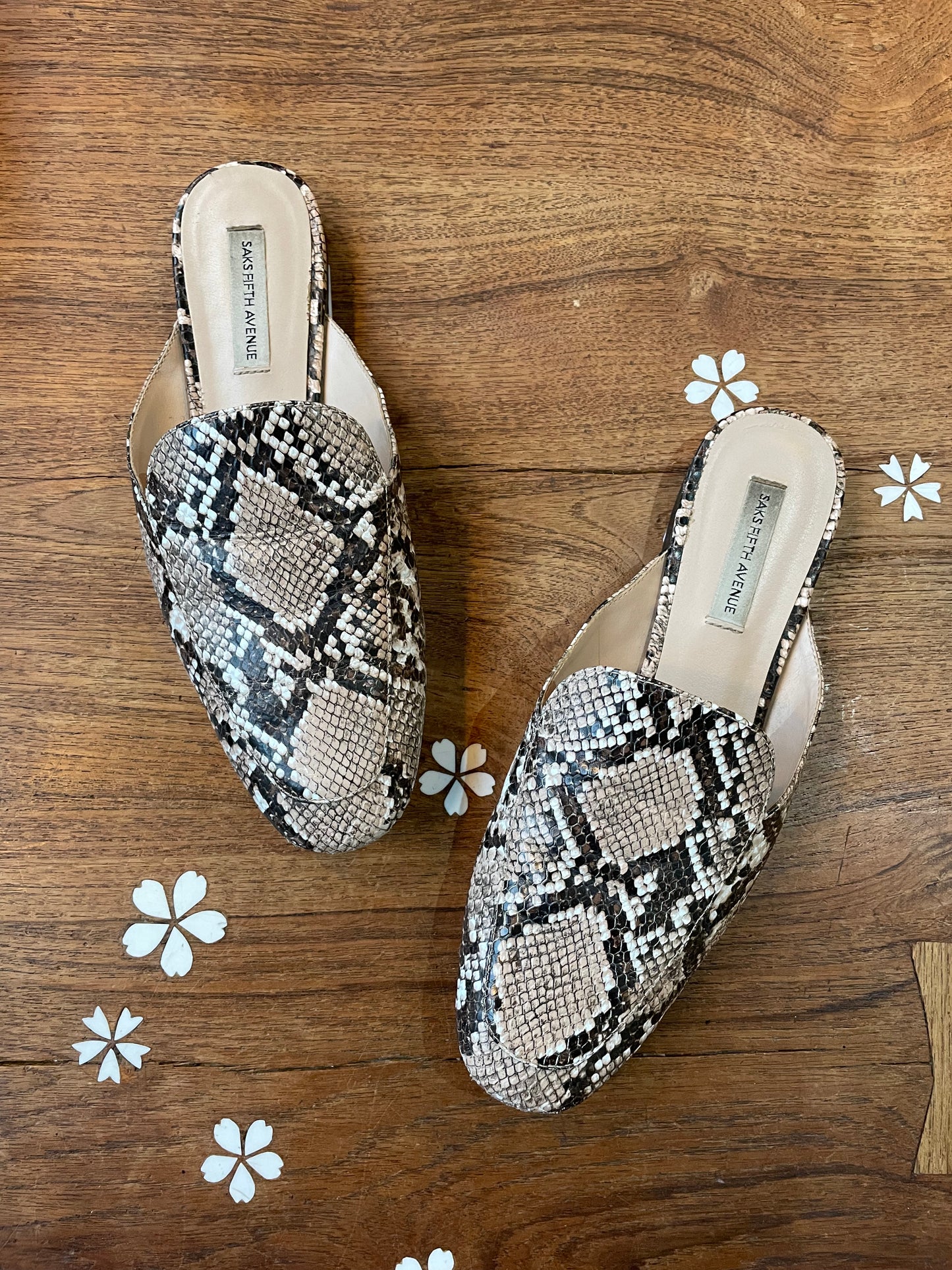 saks fifth avenue faux snakeskin flat mules