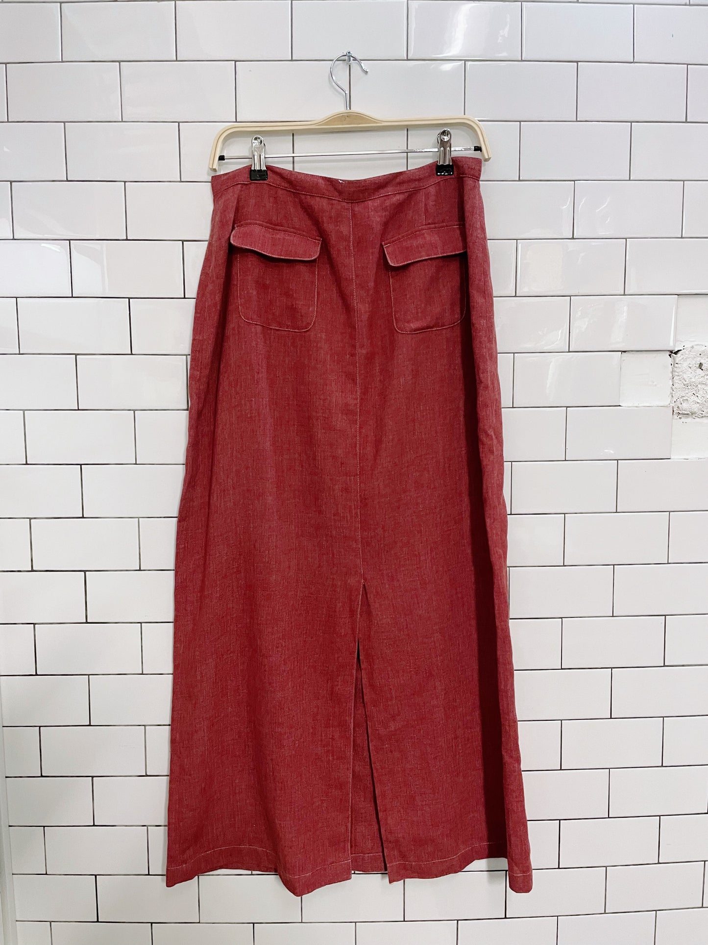 vintage red linen-blend red midi skirt