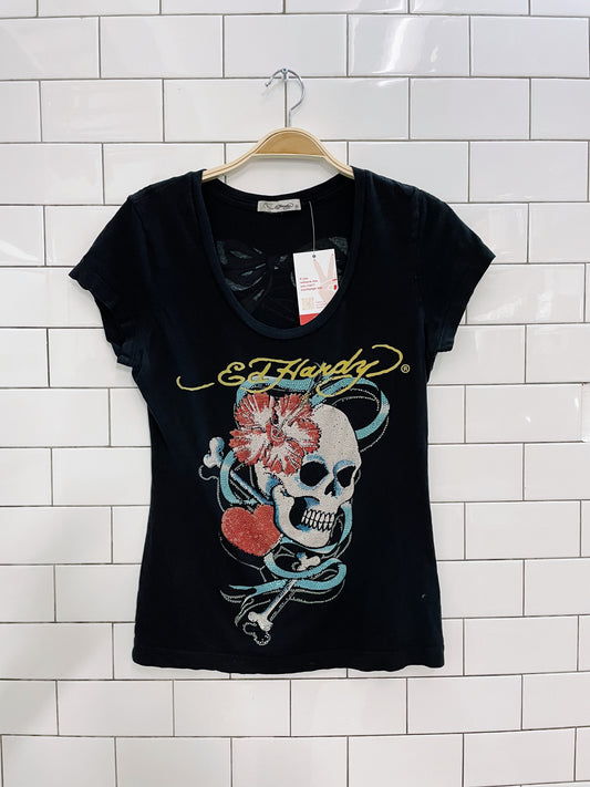 vintage 00s ed hardy crystal skull baby tee