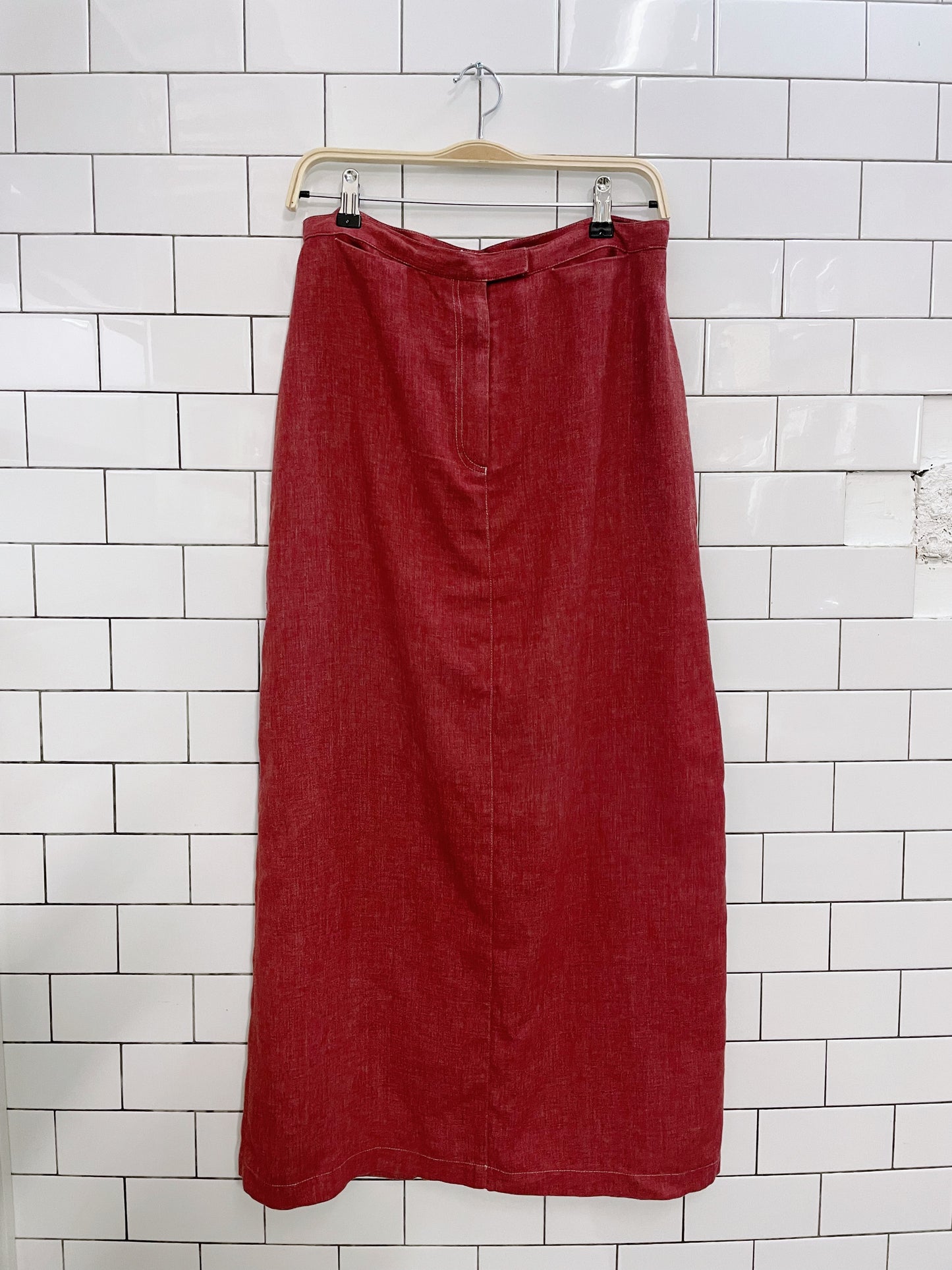 vintage red linen-blend red midi skirt