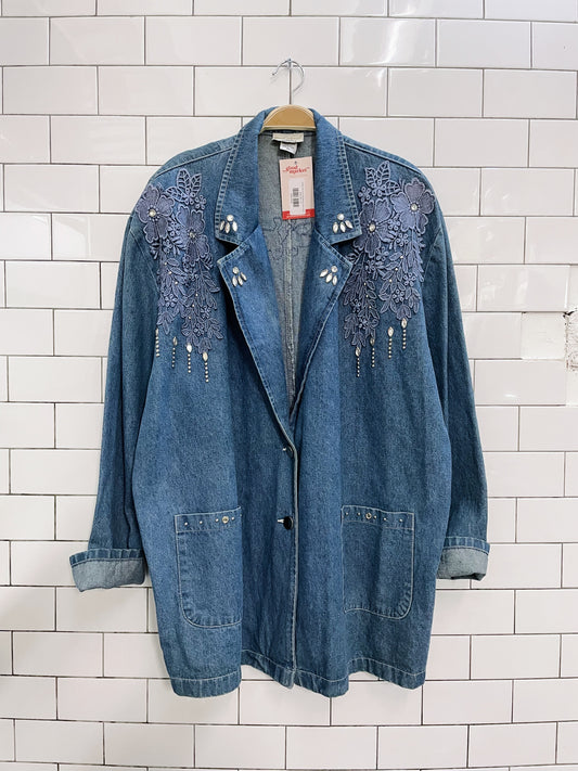 vintage red coral embellished denim jacket