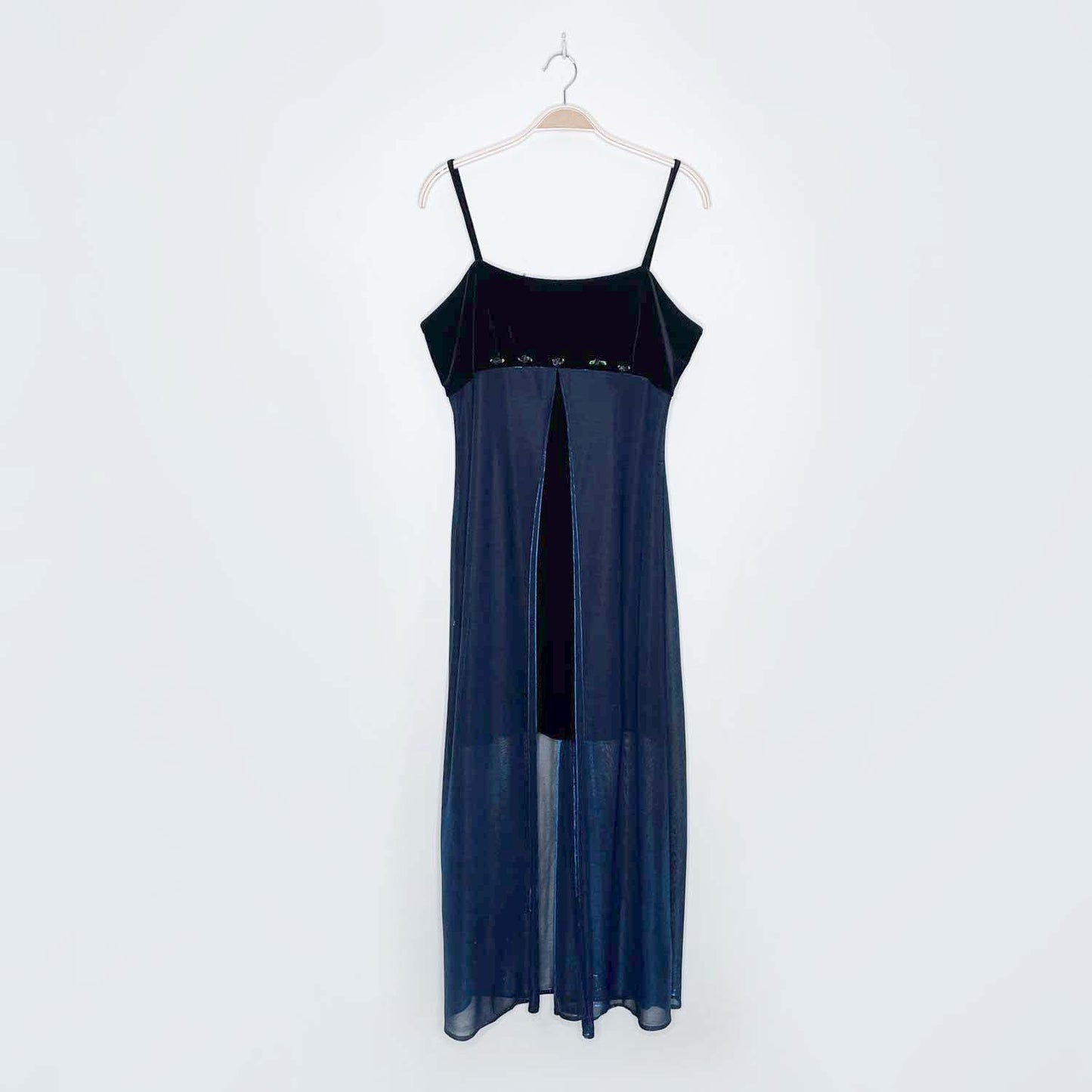 vintage jessica velvet rosette sheer blue metallic gown - size 10