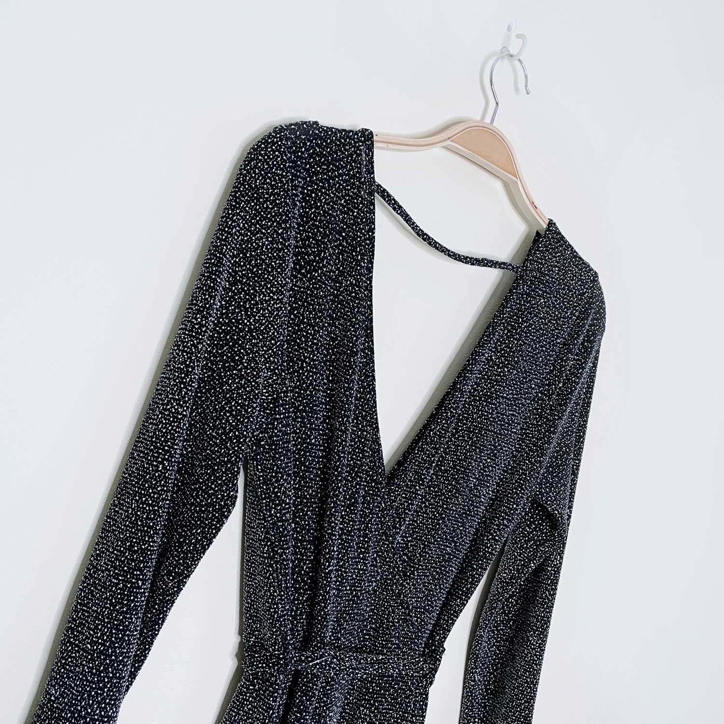 mandee long sleeve wrap sparkle jumpsuit - size small