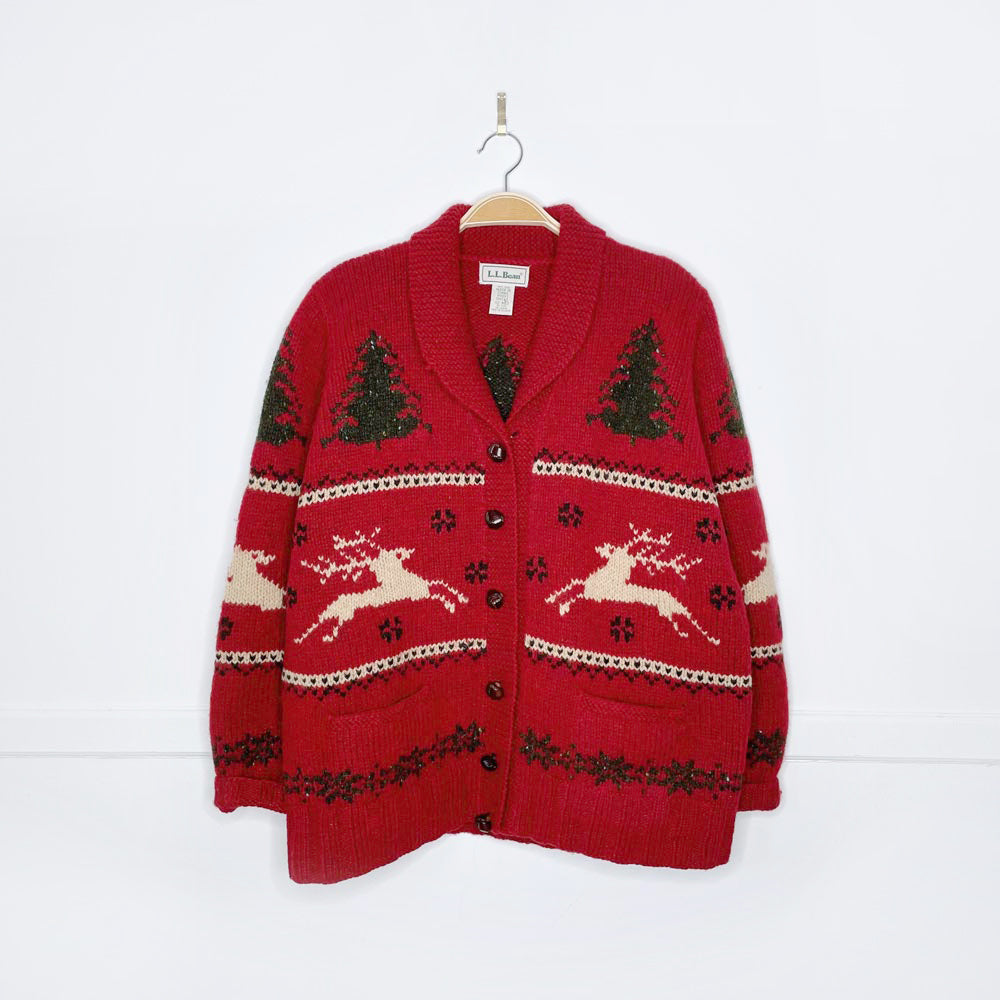 vintage ll bean cottage deer and trees knit cardigan