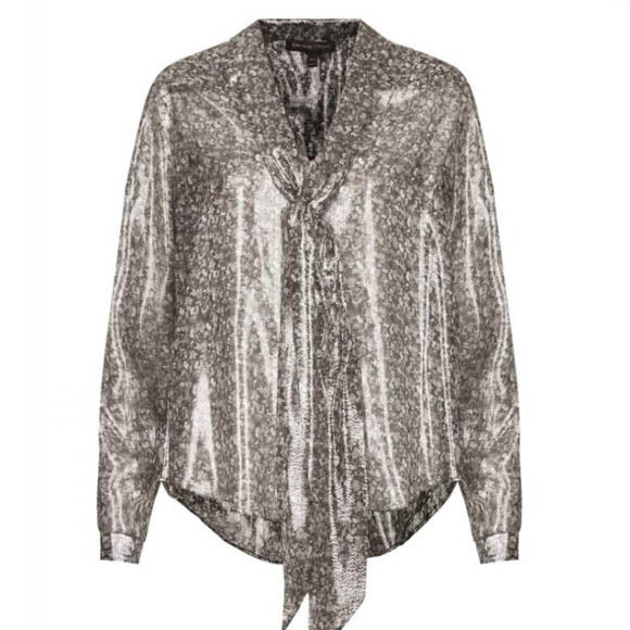 kate moss topshop metallic tie neck blouse