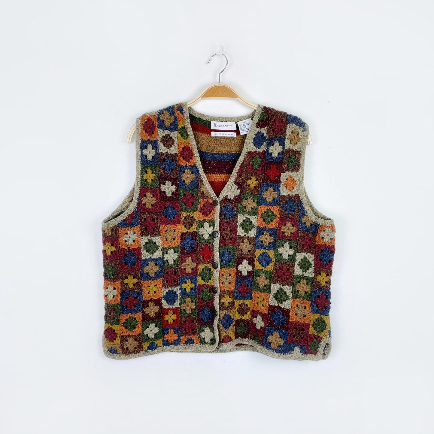 vintage robert scott wool-silk granny square crochet knit vest