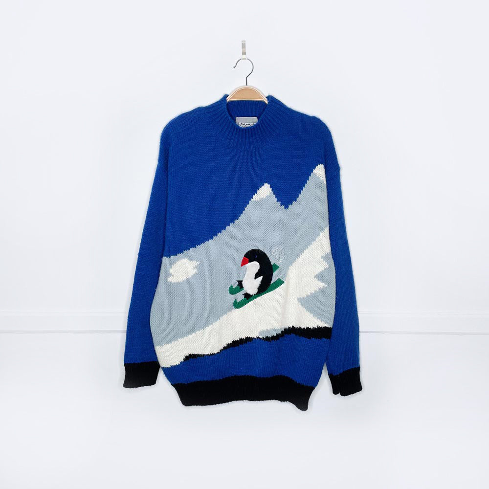 vintage snazzle skiing penguin wool-blend knit sweater