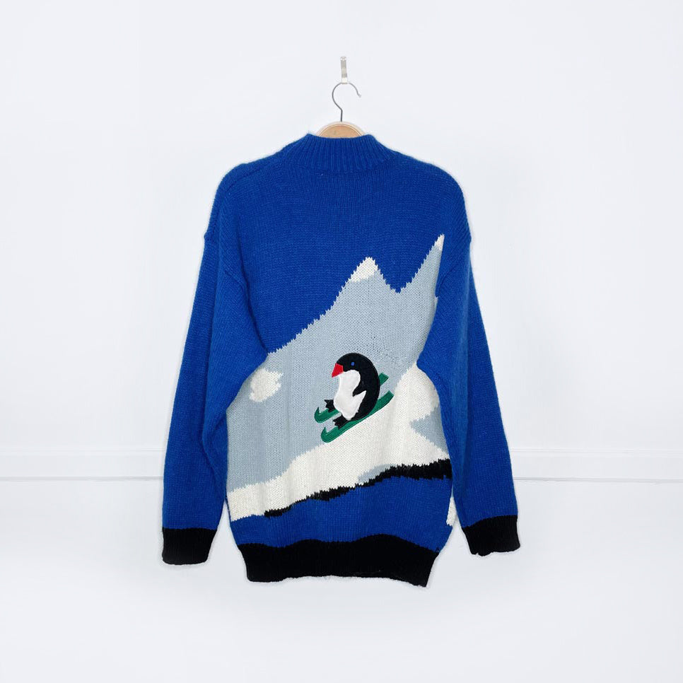 vintage snazzle skiing penguin wool-blend knit sweater