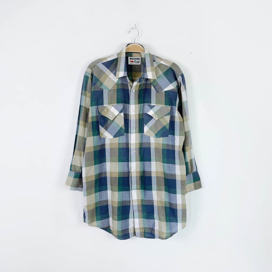 vintage western craft plaid snap button shirt