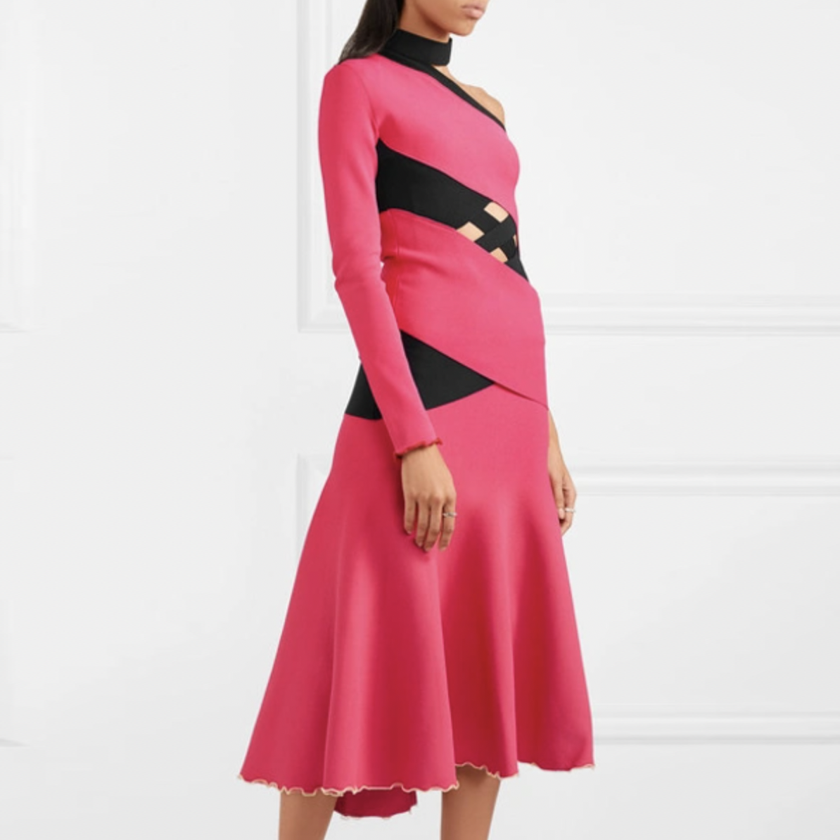 proenza schouler fluted one shoulder cut-out stretch knit midi dress