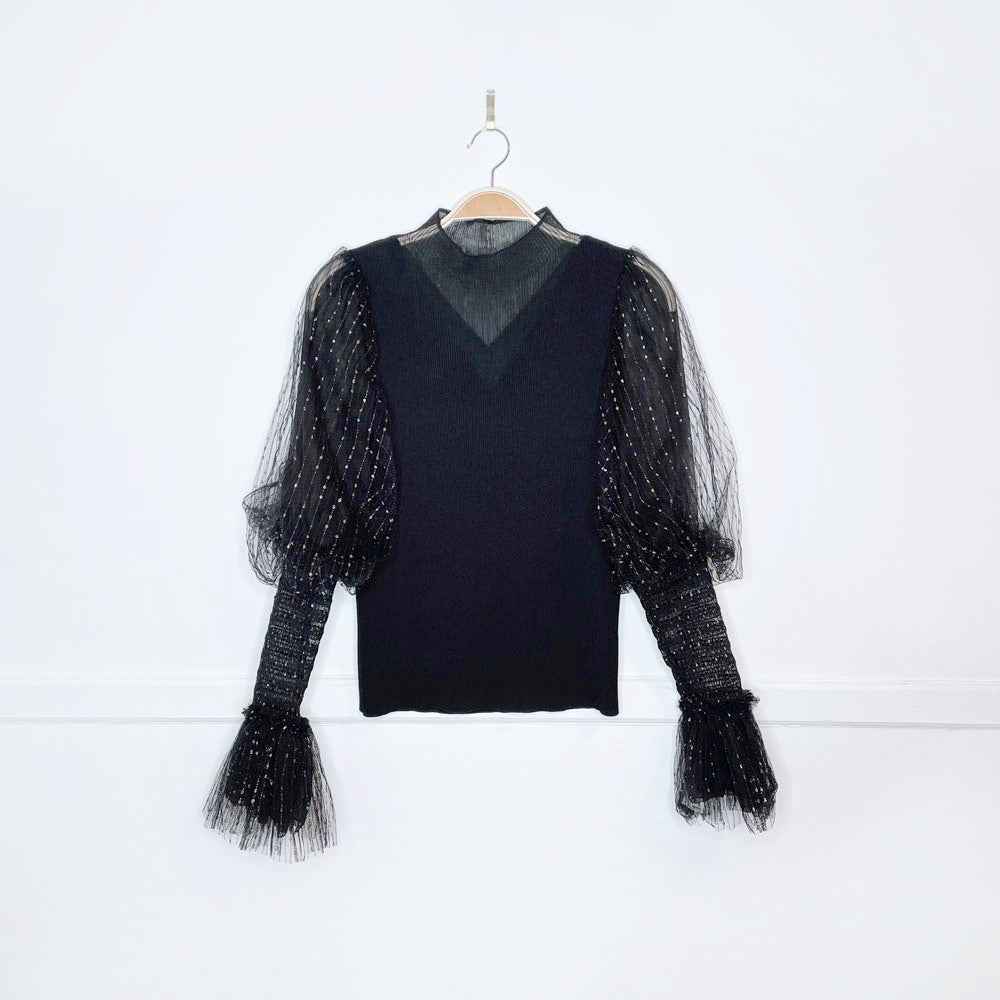 holiday mulberry silk + metallic puff sleeve knit top